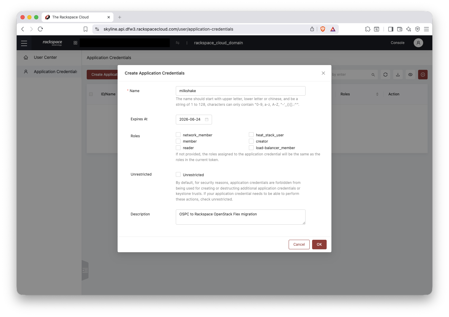 Skyline Create Application Credentials dialog showing the name, expiration date, empty roles, and description fields.